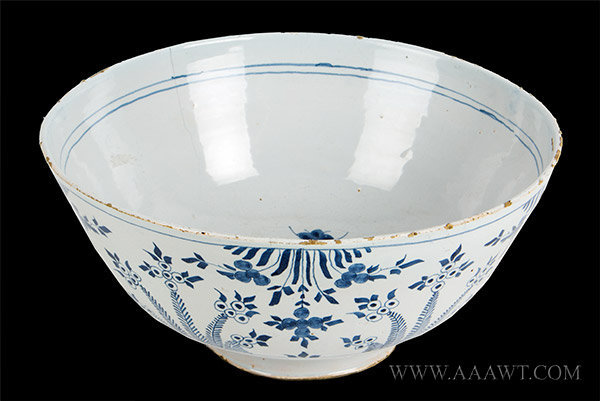 Punch Bowl, Delft, Floral Sprays, Footed, Blue and White, Interior Decorated
English, Likely Liverpool or Bristol, Circa 1750 to 1760, entire view